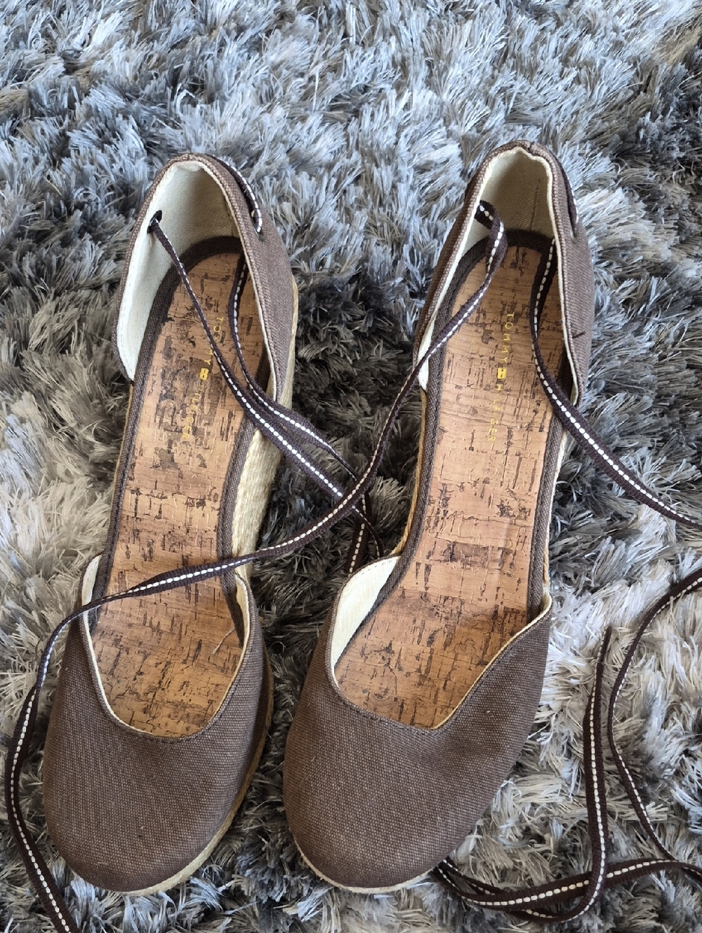 Tommy Hilfiger Brown Canvas Espadrille Wedge Sandals with Wrap Ties